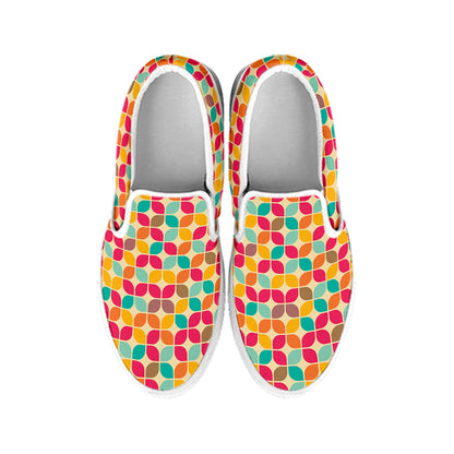 Retro Geometric Rounded Square Print White Slip On Shoes