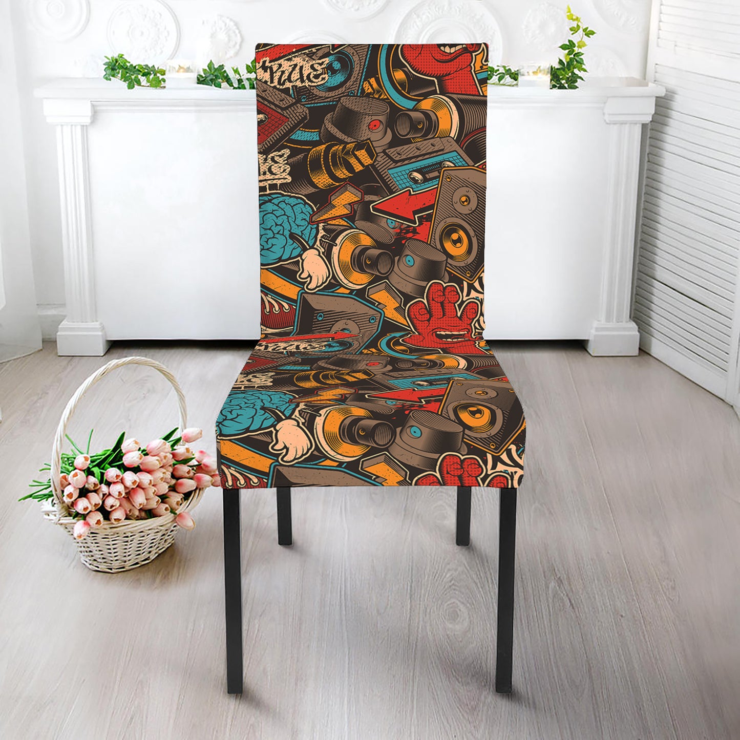 Retro Graffiti Pattern Print Dining Chair Slipcover