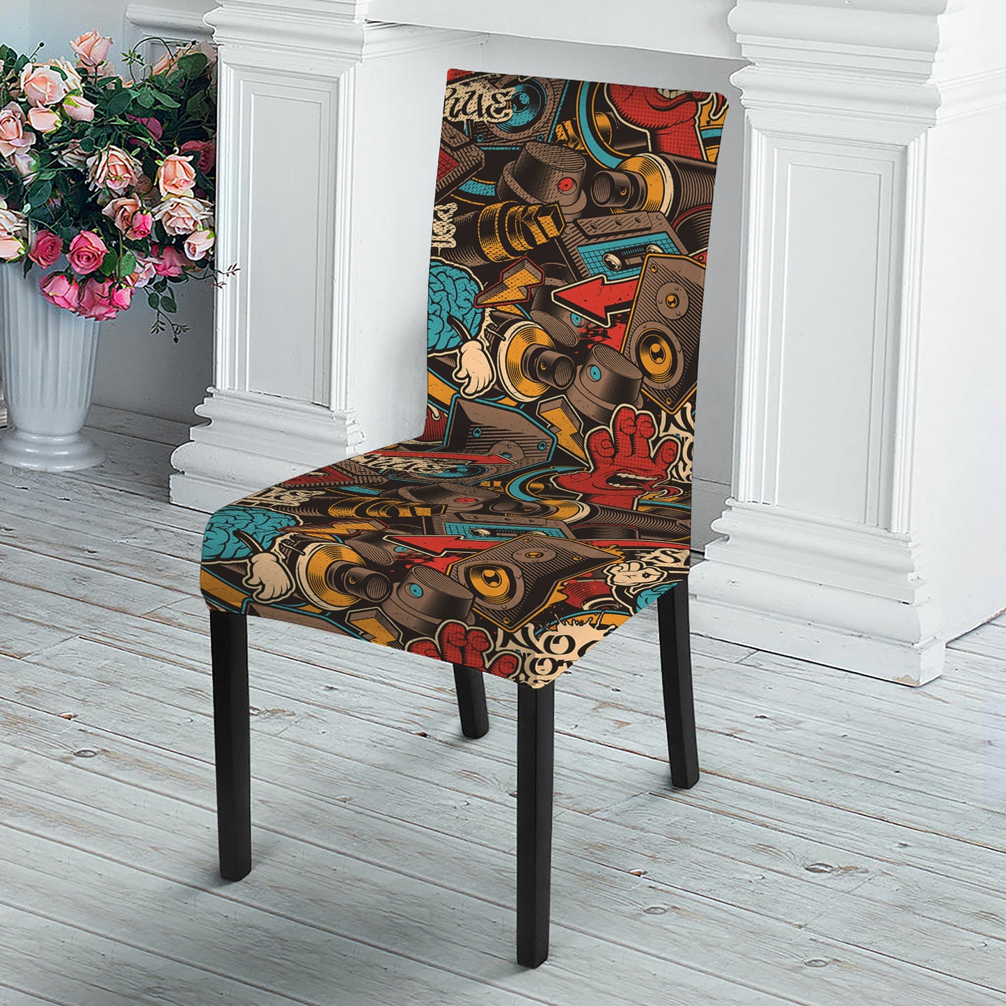 Retro Graffiti Pattern Print Dining Chair Slipcover