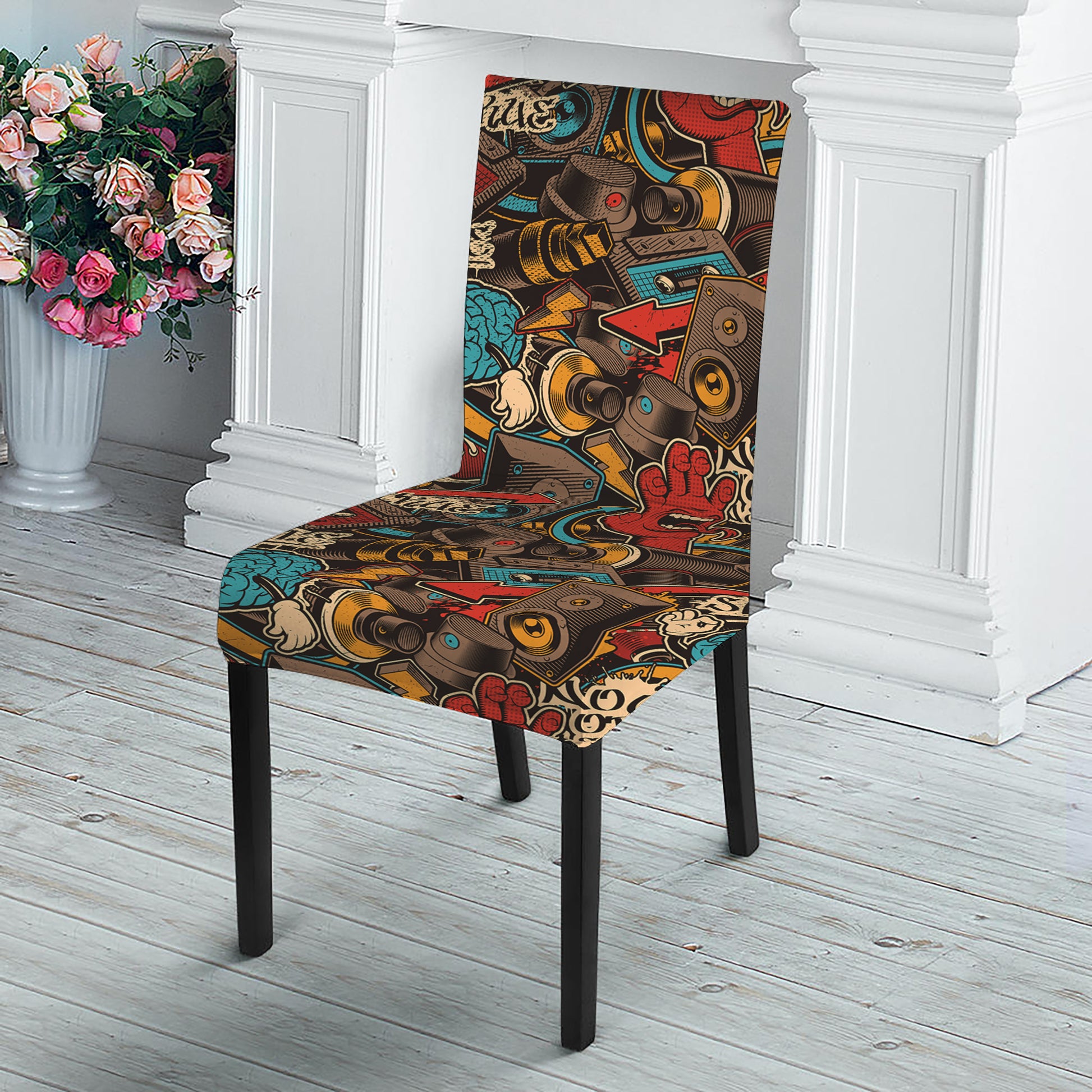 Retro Graffiti Pattern Print Dining Chair Slipcover