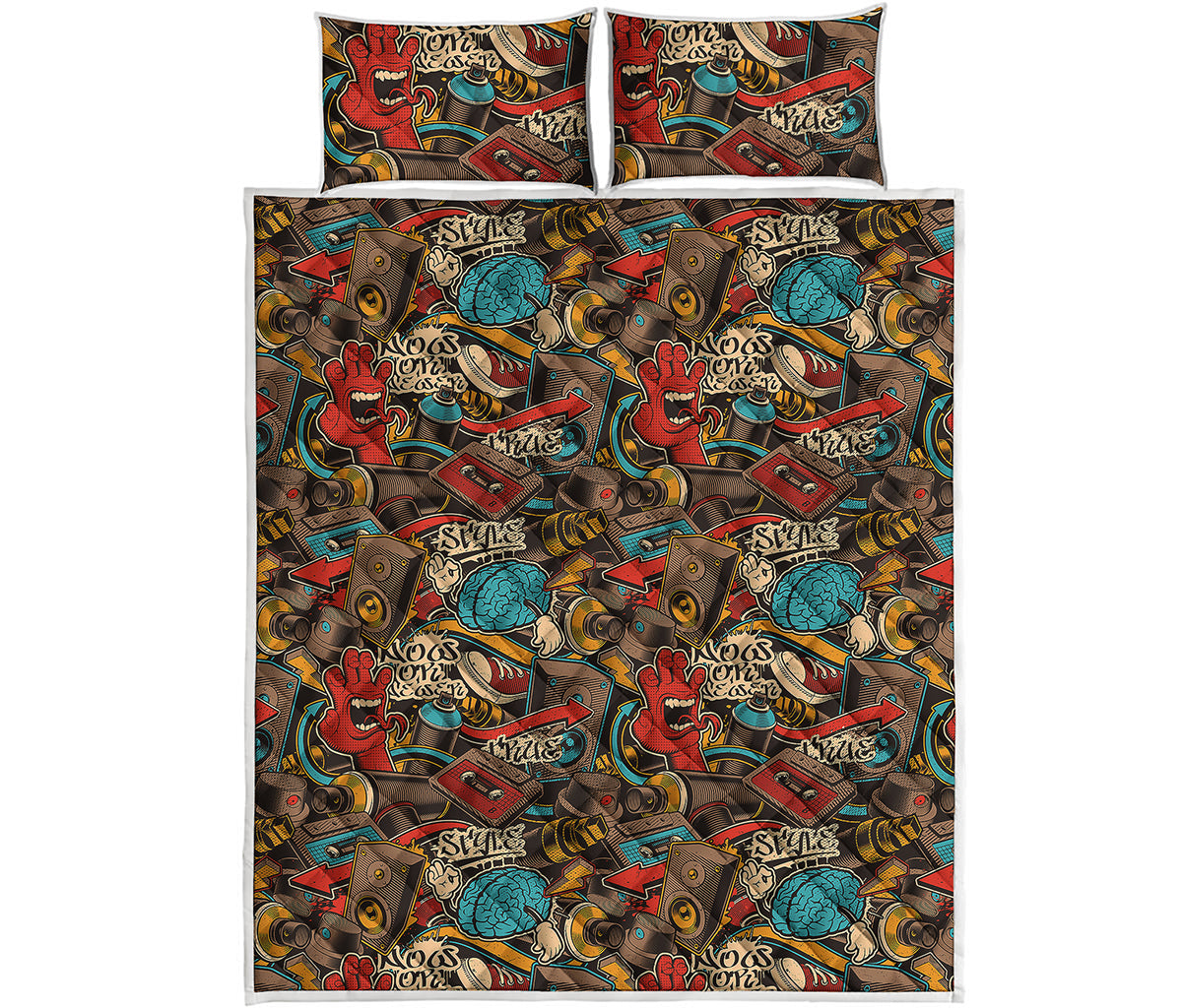 Retro Graffiti Pattern Print Quilt Bed Set
