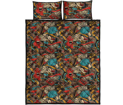 Retro Graffiti Pattern Print Quilt Bed Set