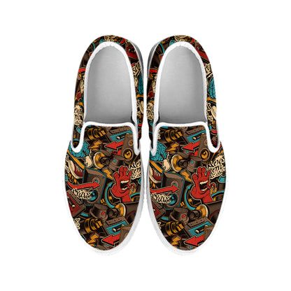 Retro Graffiti Pattern Print White Slip On Shoes