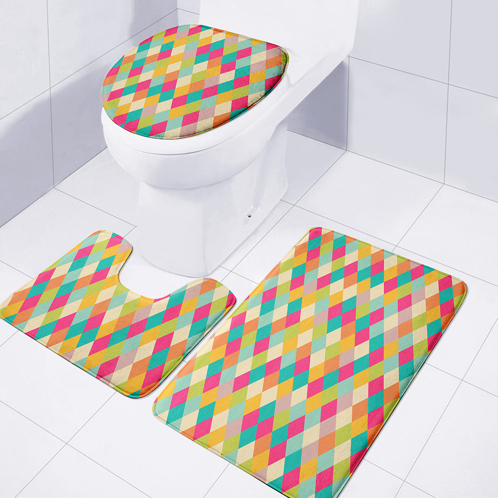 Retro Harlequin Pattern Print 3 Piece Bath Mat Set