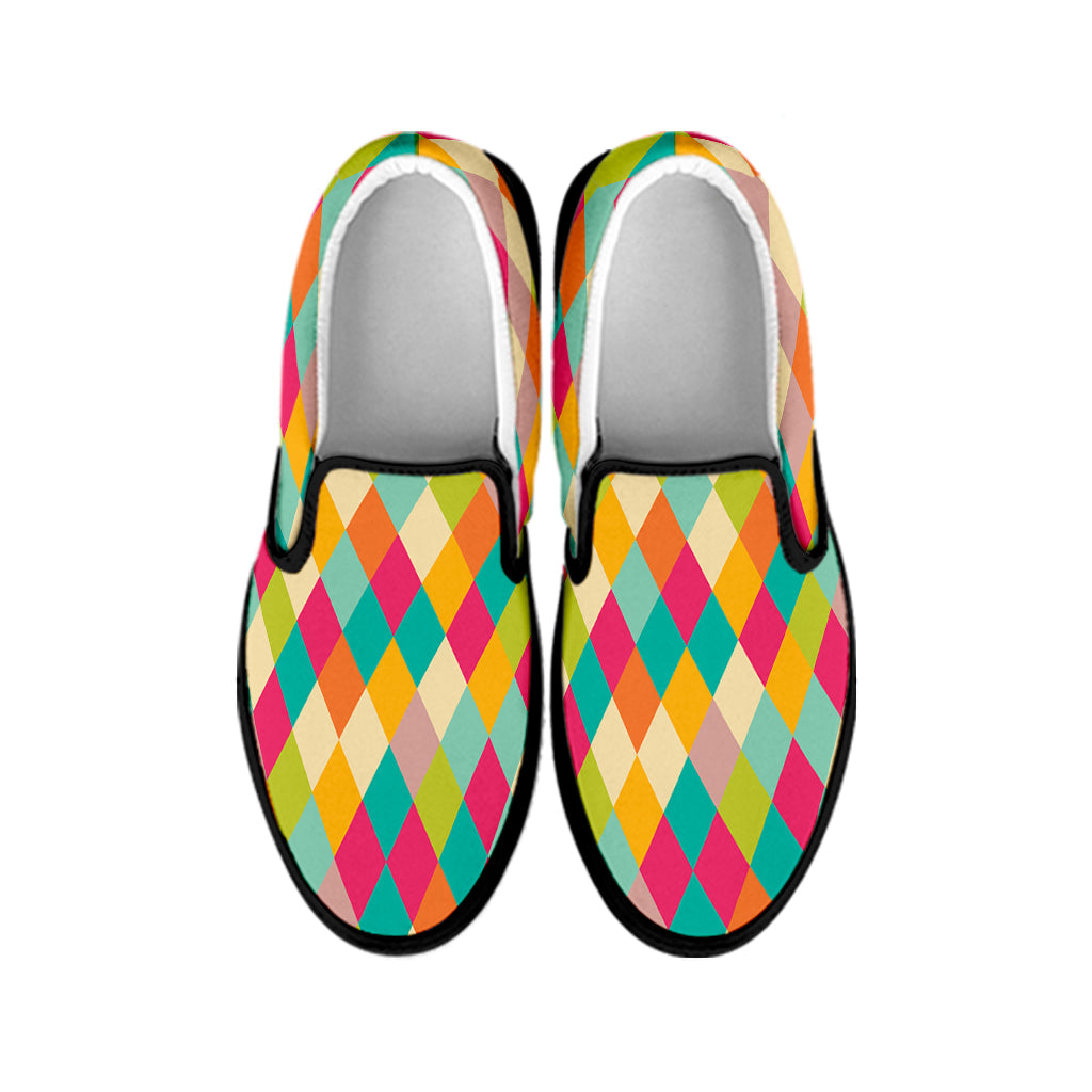 Retro Harlequin Pattern Print Black Slip On Shoes