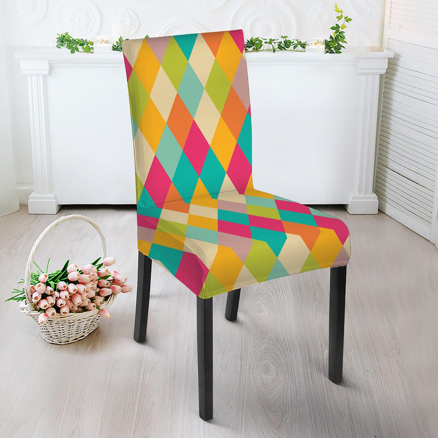 Retro Harlequin Pattern Print Dining Chair Slipcover