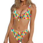 Retro Harlequin Pattern Print Front Bow Tie Bikini