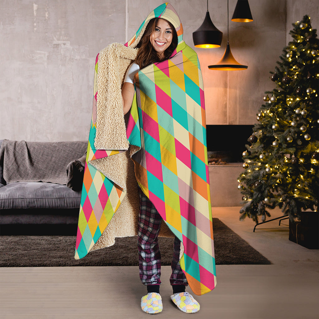 Retro Harlequin Pattern Print Hooded Blanket