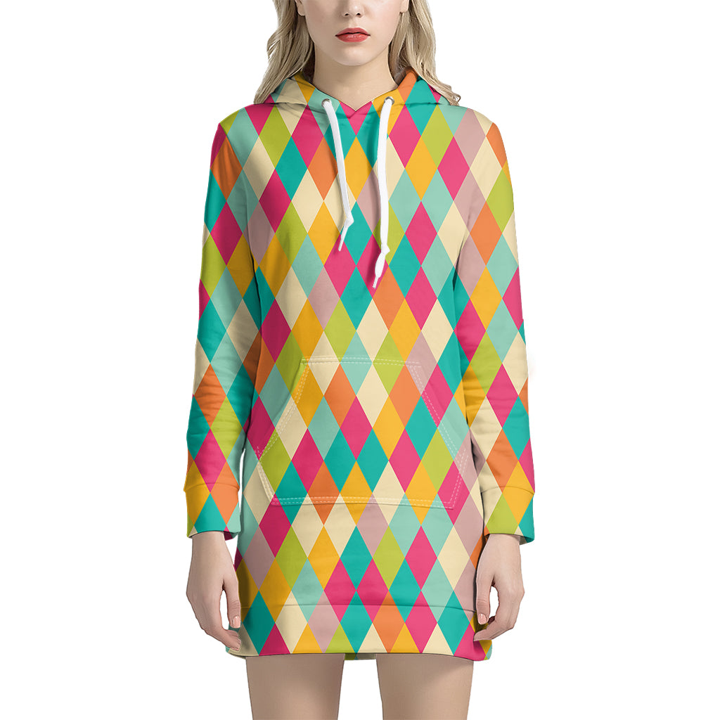 Retro Harlequin Pattern Print Hoodie Dress