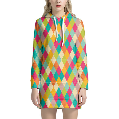Retro Harlequin Pattern Print Hoodie Dress