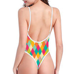 Retro Harlequin Pattern Print One Piece High Cut Swimsuit