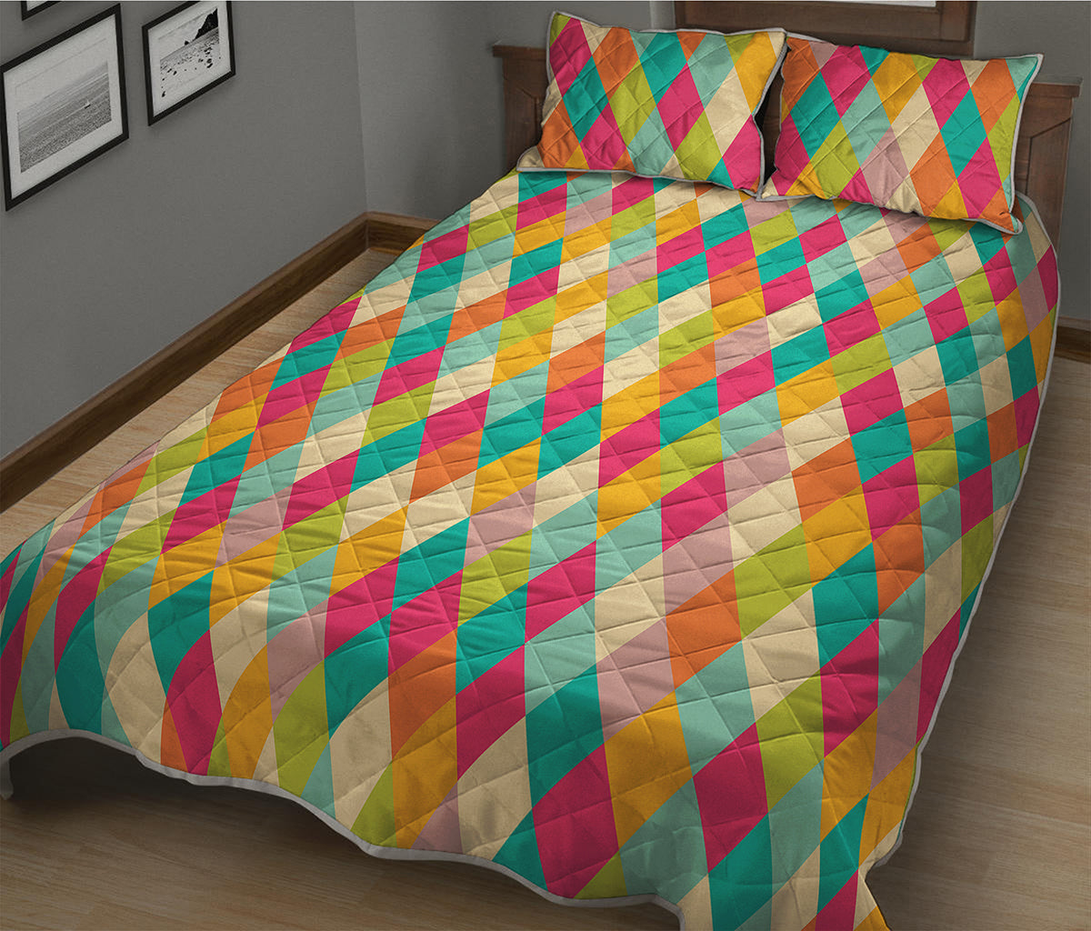 Retro Harlequin Pattern Print Quilt Bed Set