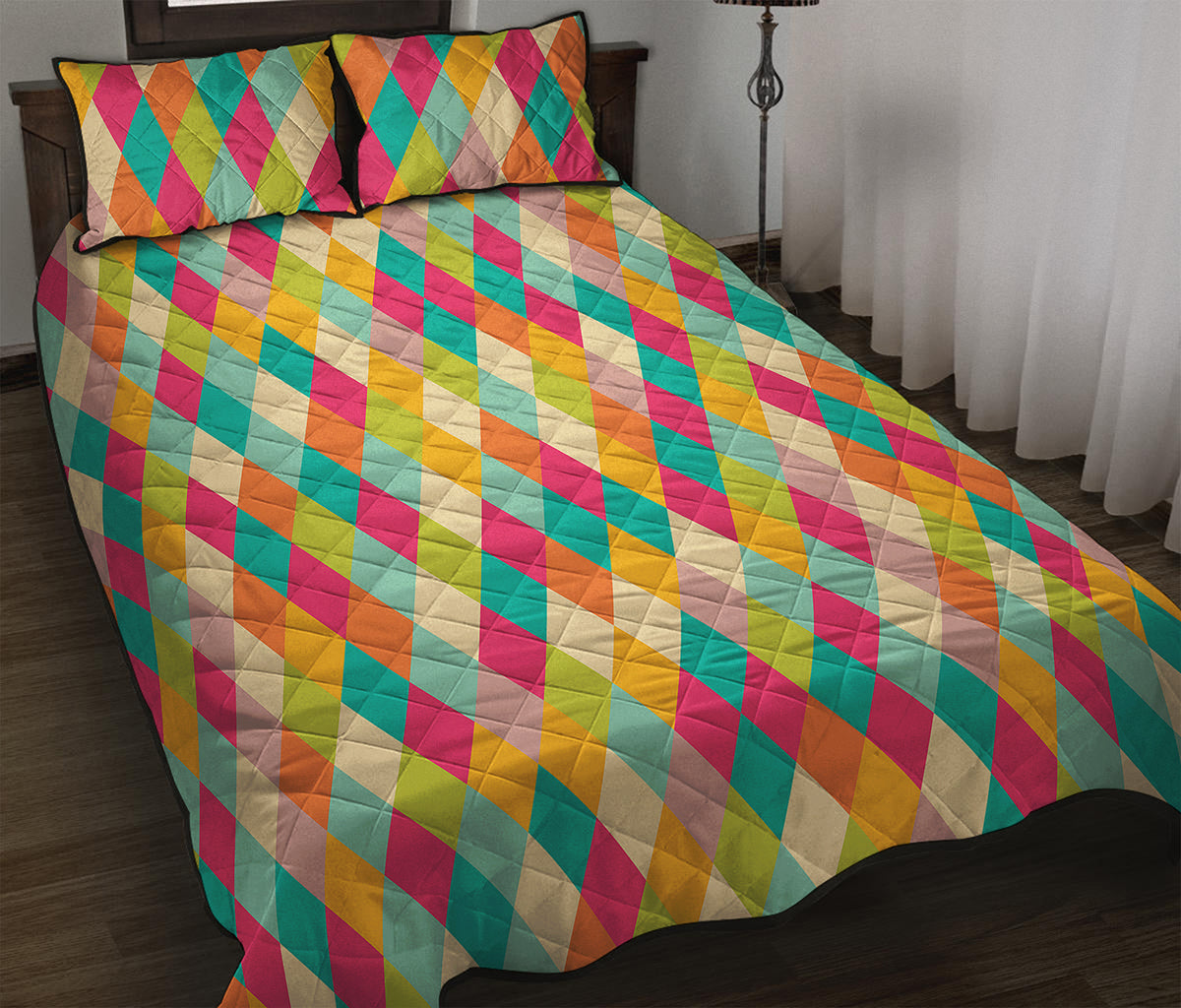 Retro Harlequin Pattern Print Quilt Bed Set