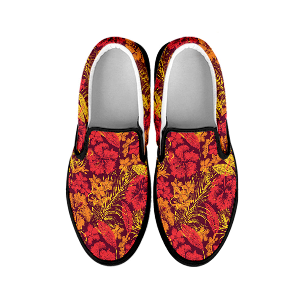 Retro Hawaiian Tropical Floral Print Black Slip On Shoes