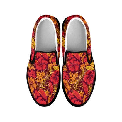 Retro Hawaiian Tropical Floral Print Black Slip On Shoes