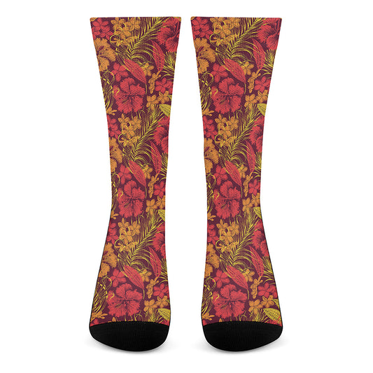 Retro Hawaiian Tropical Floral Print Crew Socks