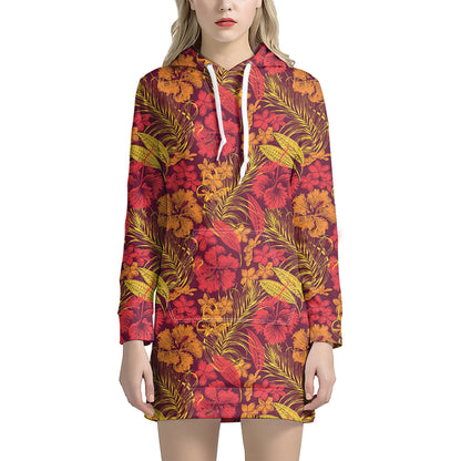 Retro Hawaiian Tropical Floral Print Hoodie Dress