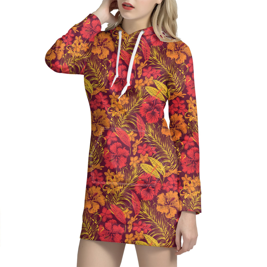 Retro Hawaiian Tropical Floral Print Hoodie Dress