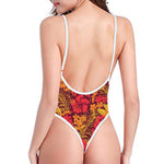 Retro Hawaiian Tropical Floral Print One Piece High Cut Swimsuit