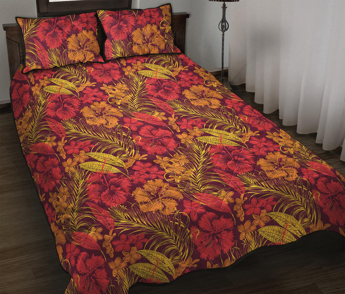 Retro Hawaiian Tropical Floral Print Quilt Bed Set
