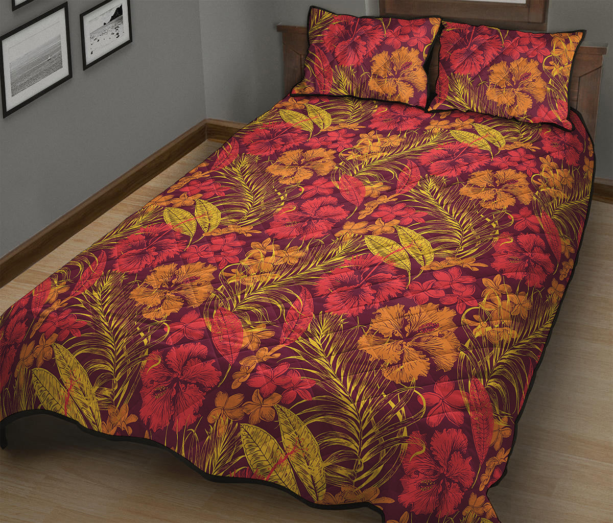 Retro Hawaiian Tropical Floral Print Quilt Bed Set
