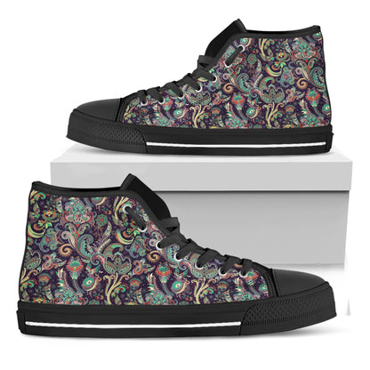 Retro Indian Paisley Pattern Print Black High Top Shoes