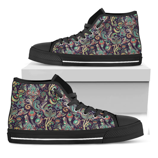 Retro Indian Paisley Pattern Print Black High Top Shoes