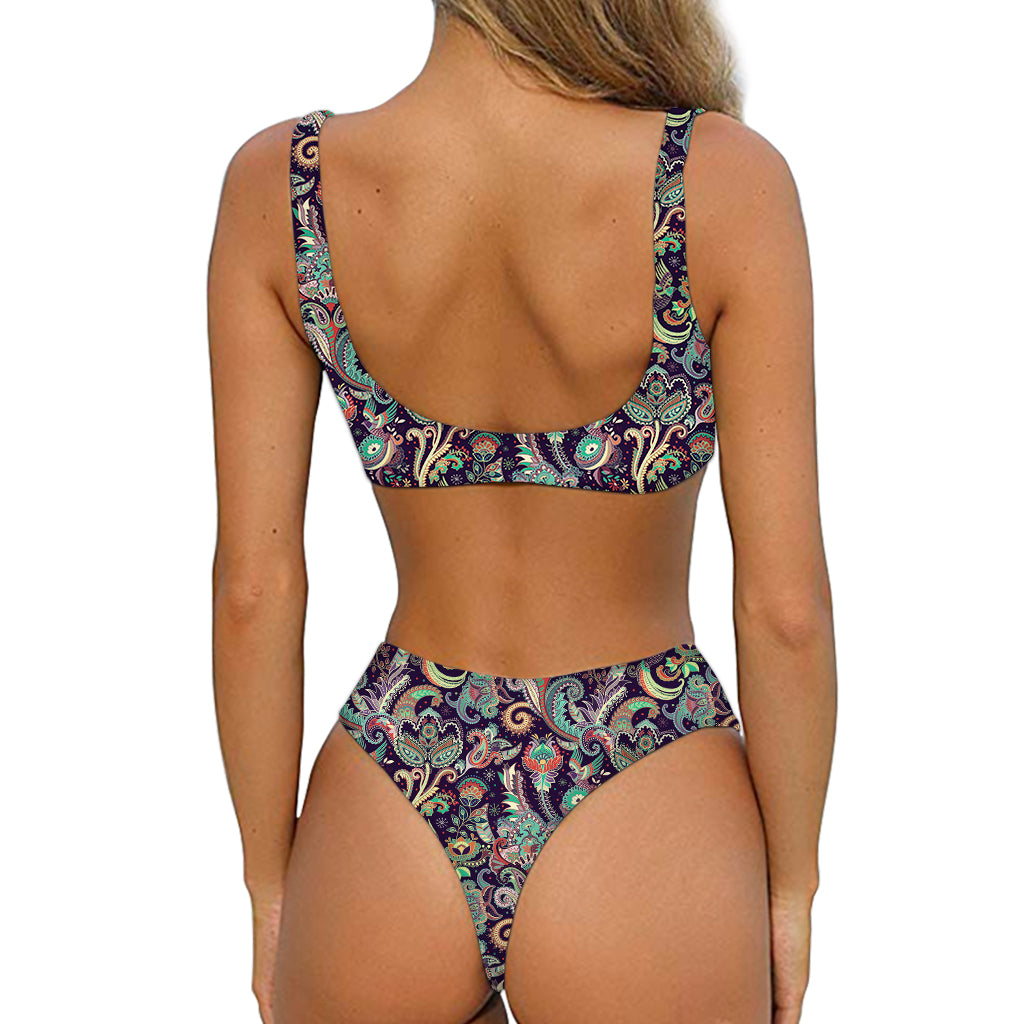 Retro Indian Paisley Pattern Print Front Bow Tie Bikini