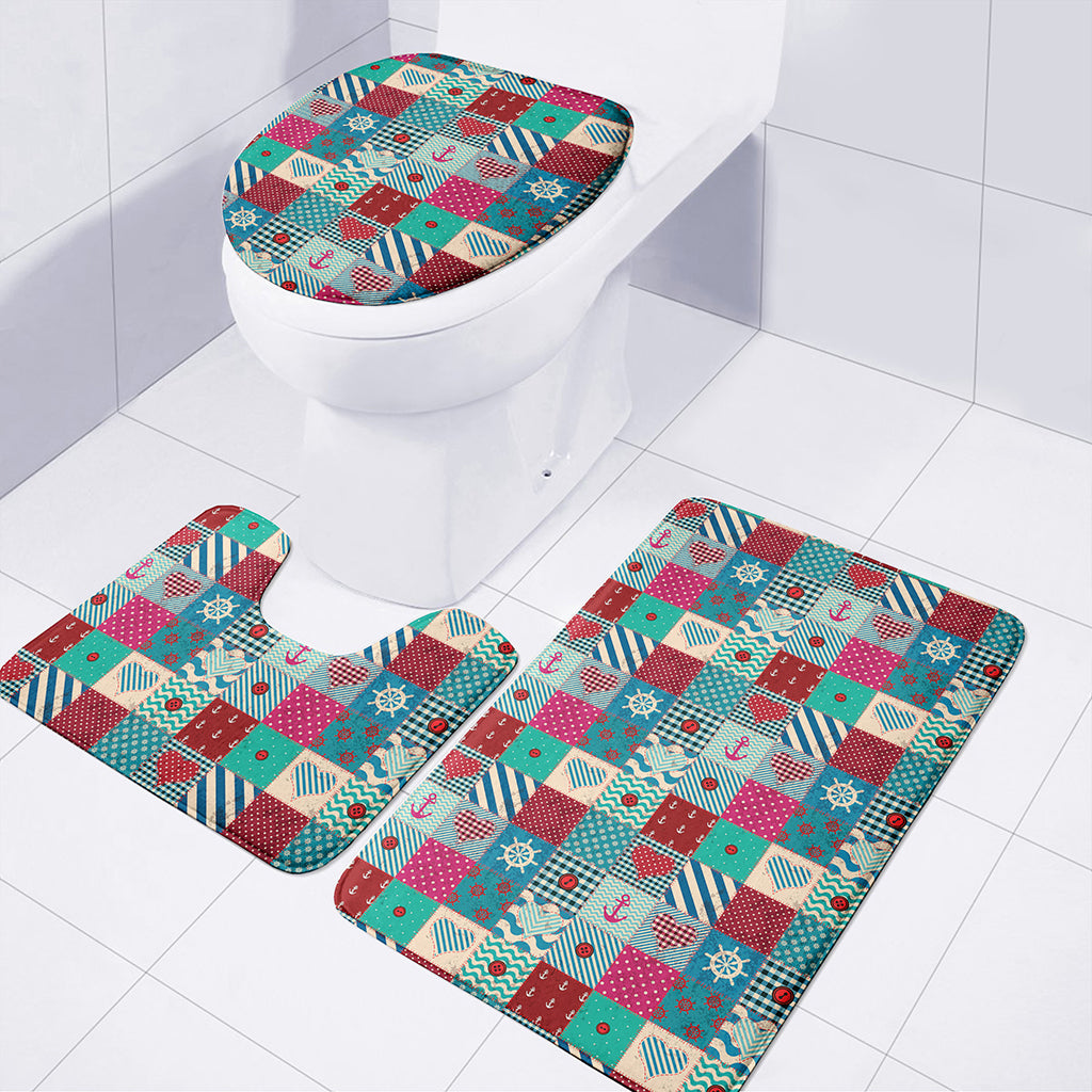 Retro Nautical Patchwork Pattern Print 3 Piece Bath Mat Set