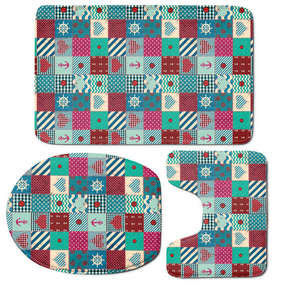Retro Nautical Patchwork Pattern Print 3 Piece Bath Mat Set