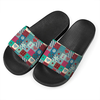 Retro Nautical Patchwork Pattern Print Black Slide Sandals