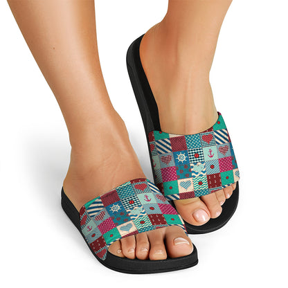 Retro Nautical Patchwork Pattern Print Black Slide Sandals