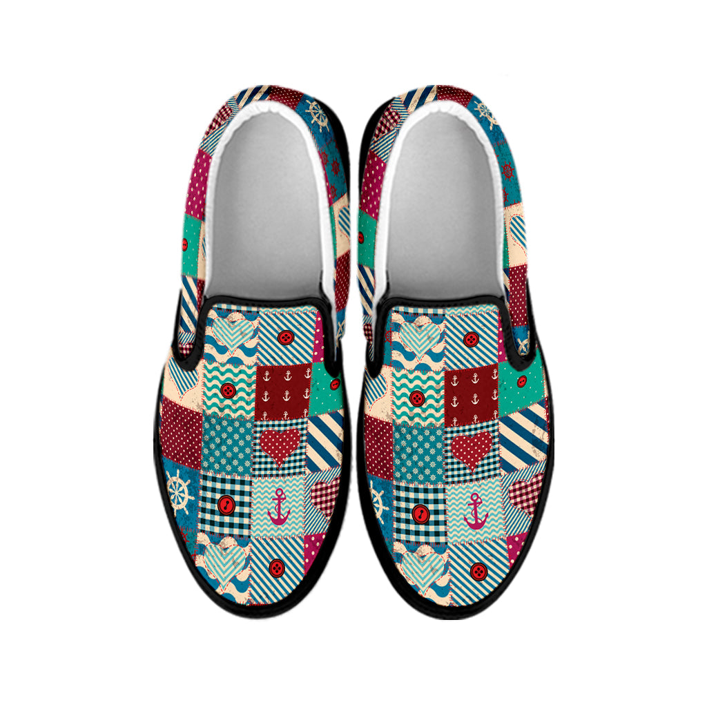 Retro Nautical Patchwork Pattern Print Black Slip On Shoes