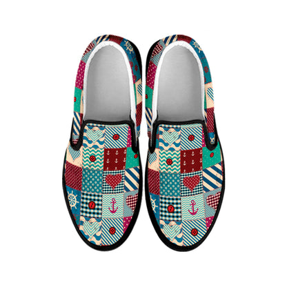 Retro Nautical Patchwork Pattern Print Black Slip On Shoes