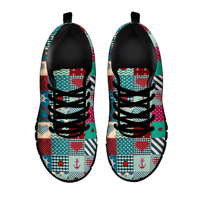 Retro Nautical Patchwork Pattern Print Black Sneakers