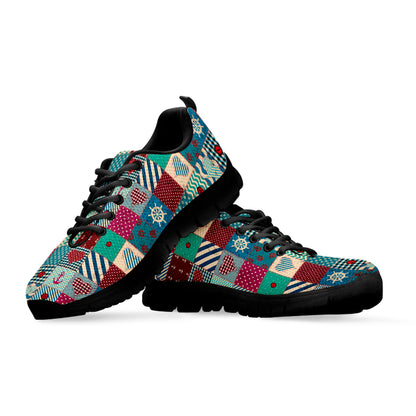 Retro Nautical Patchwork Pattern Print Black Sneakers