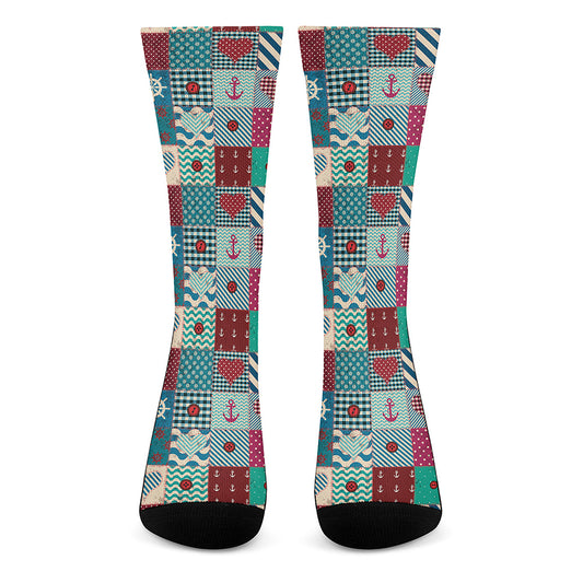 Retro Nautical Patchwork Pattern Print Crew Socks