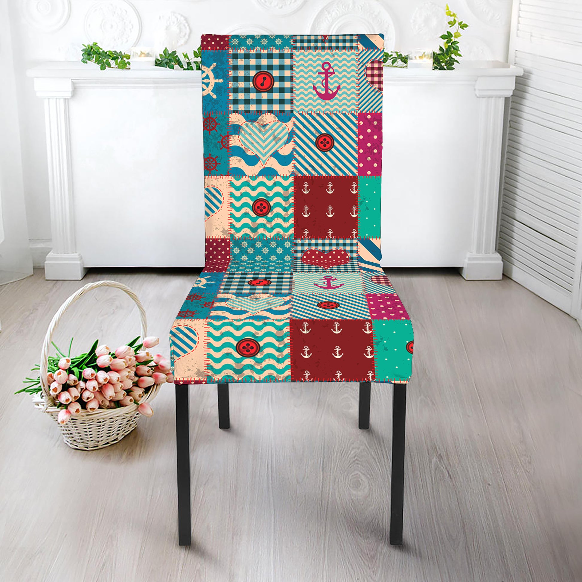 Retro Nautical Patchwork Pattern Print Dining Chair Slipcover