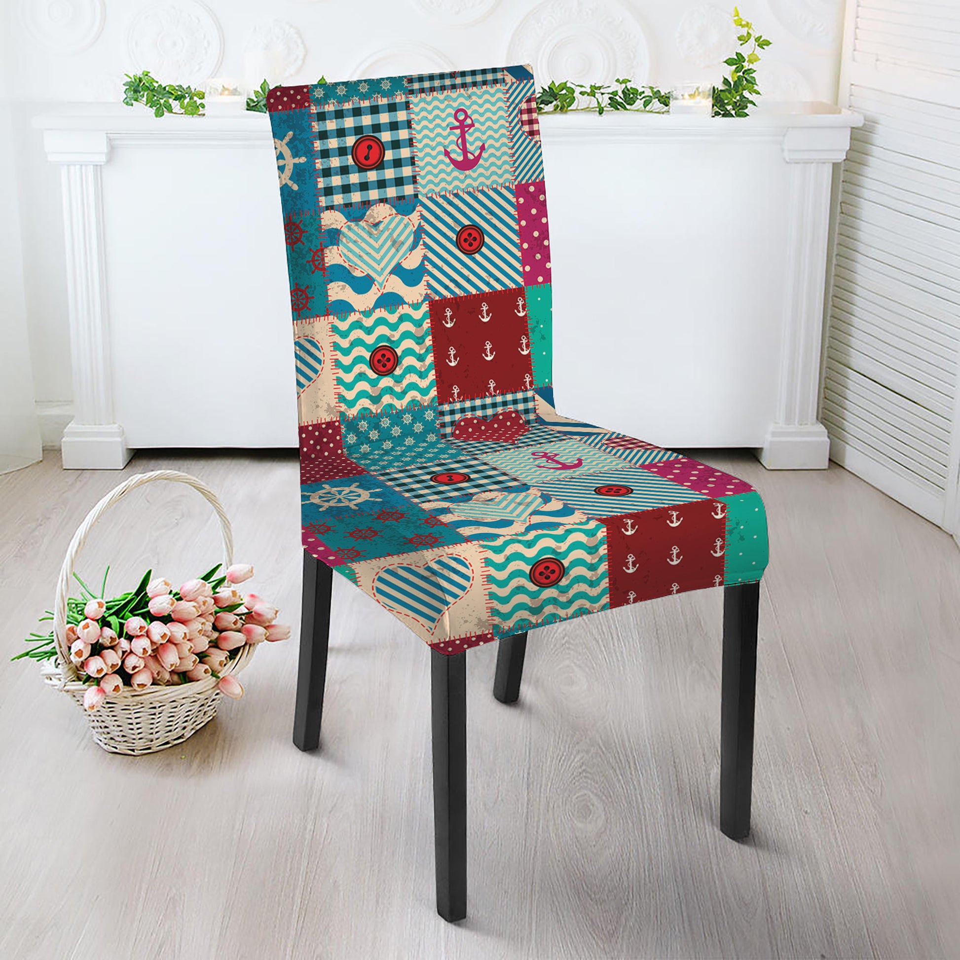 Retro Nautical Patchwork Pattern Print Dining Chair Slipcover