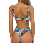 Retro Nautical Patchwork Pattern Print Front Bow Tie Bikini