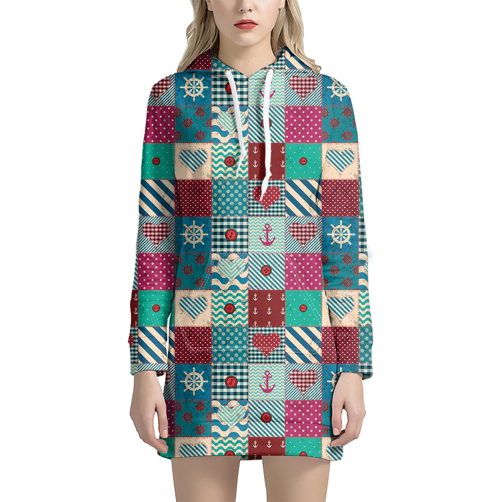 Retro Nautical Patchwork Pattern Print Hoodie Dress