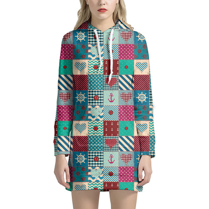 Retro Nautical Patchwork Pattern Print Hoodie Dress
