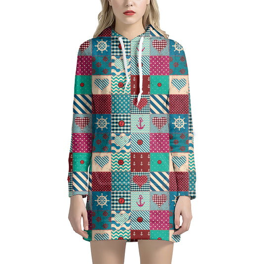 Retro Nautical Patchwork Pattern Print Hoodie Dress