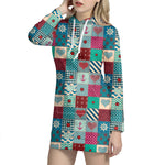 Retro Nautical Patchwork Pattern Print Hoodie Dress