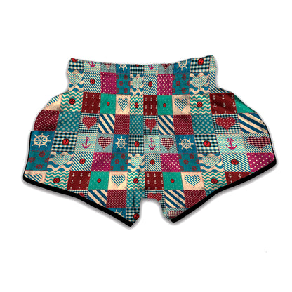 Retro Nautical Patchwork Pattern Print Muay Thai Boxing Shorts