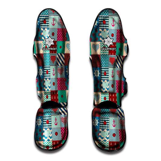 Retro Nautical Patchwork Pattern Print Muay Thai Shin Guard