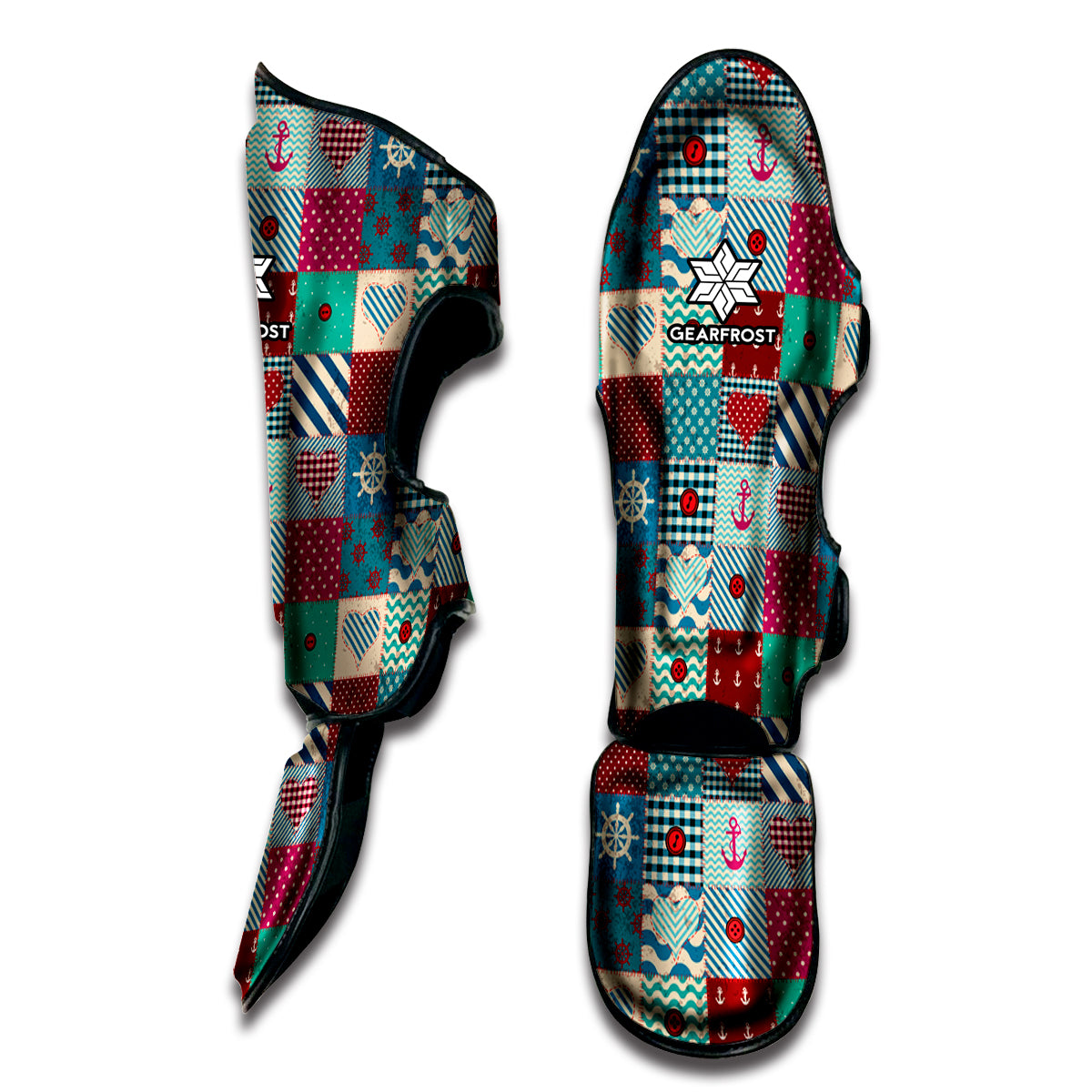 Retro Nautical Patchwork Pattern Print Muay Thai Shin Guard