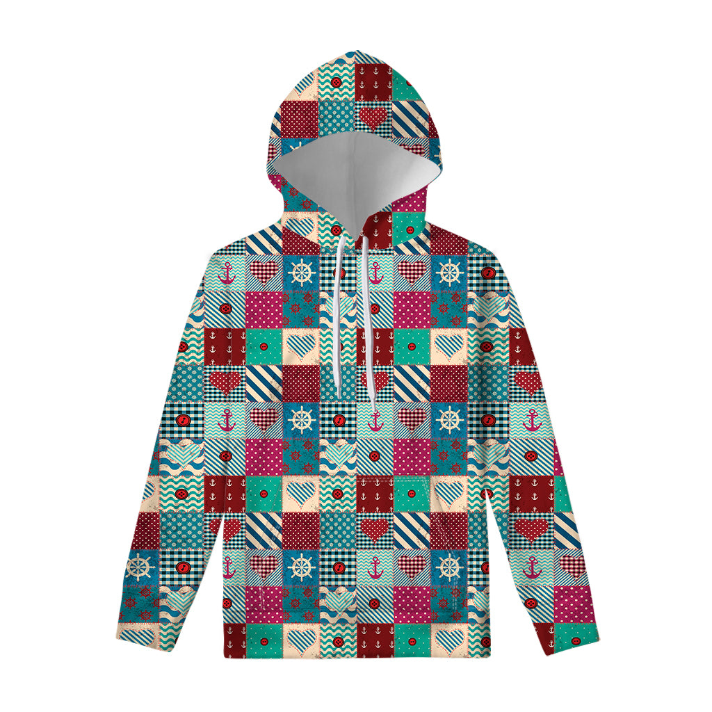 Retro Nautical Patchwork Pattern Print Pullover Hoodie