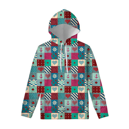 Retro Nautical Patchwork Pattern Print Pullover Hoodie