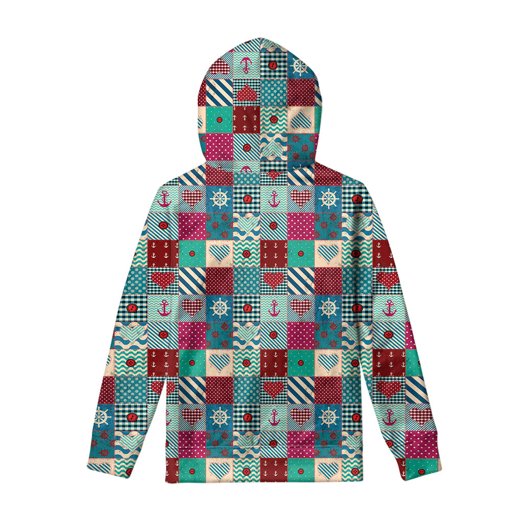Retro Nautical Patchwork Pattern Print Pullover Hoodie
